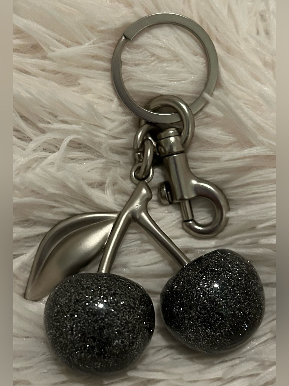 Black Glitter Cherry Keychain with Silver Hardware